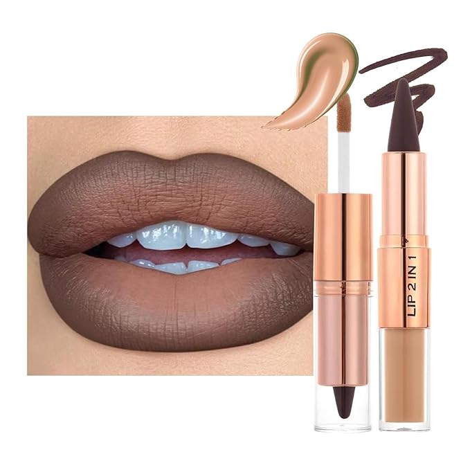 Lip Liner Matte Lipstick Gloss Lip Combo Sets Kit ,Nude Brown Lip Liner and Liquid Lipstick Set, lip combo sets for black women, High Pigmented Long Lasting Lipstick Waterproof Lip Combo (#1)