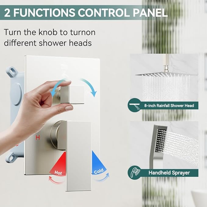 Shower Faucet Set Brushed Nickel Shower System, Starbath 8" Rain Shower Head and Handheld Spray Shower Set Complete Ceiling Mounted,2 Way Pressure Balance Shower Valve and Trim Kit Included