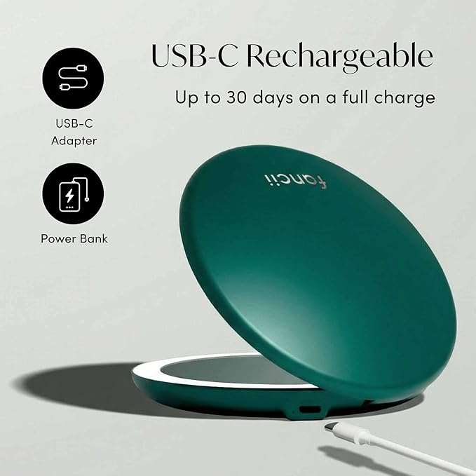 Fancii Taylor Rechargeable Travel Makeup Mirror with LED Lights, 10x /1x Magnifying, 3 Light Settings, Large 5” Wide | Compact Mirror for Purses (Emerald Envy)