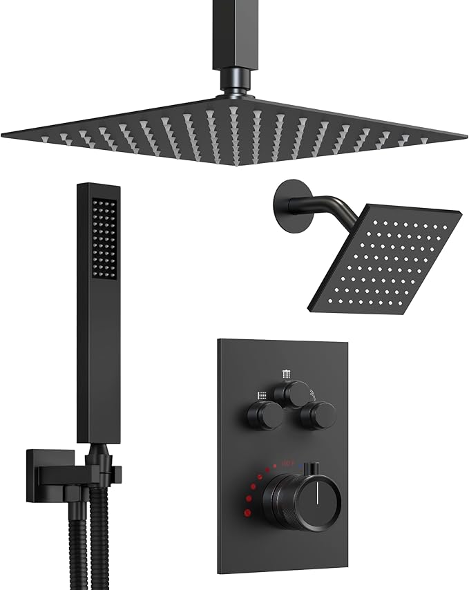 GRANDJOY Thermostatic Shower System, Dual Rainfall Shower Heads for Ceilling & Wall Mounted with Handheld Sprayer, Matte Black