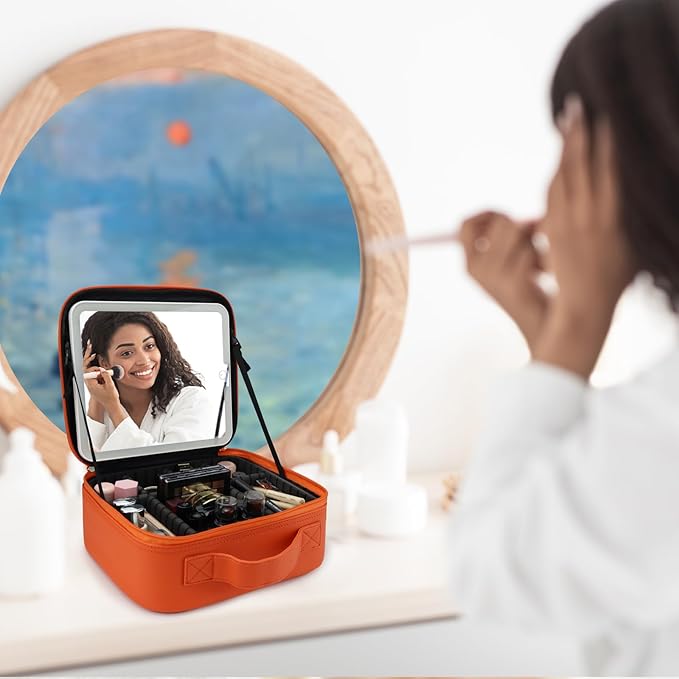 SLUMAZI Travel Makeup Bag with LED Mirror Travel Makeup Organizer with 3 Lighted Settings, Adjustable Dividers and Makeup Brush Storage Bag Orange
