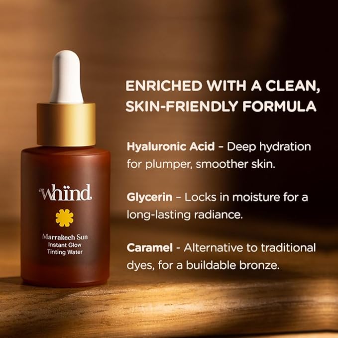WHIND Marrakech Sun Instant Glow Tinting Water- Self Tanner Face Drops –Bronzing for Face –Lightweight Tanner/Natural Tan- Streak-Free Glow – Tan Drops for Radiant Skin - 1oz / 30ml