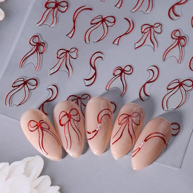 6 Sheets Bow Nail Art Stickers Bows Stickers for Nails 3D Self Adhesive Gold Red Bow Nail Decals Ribbon Bowknot Nail Design Cute Bow Nail Supplies Glitter Bow Stripe Nail Decor for Women DIY Manicure