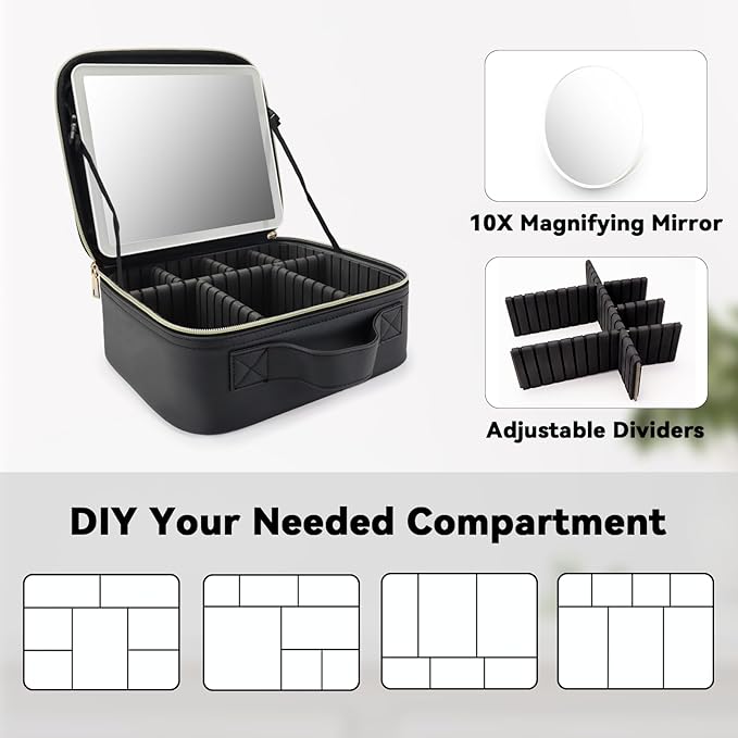 SLUMAZI Travel Makeup Bag with LED Mirror and 10x magnifying glass with 3 Lighted Settings, Adjustable Dividers and Makeup Brush Storage Bag Black