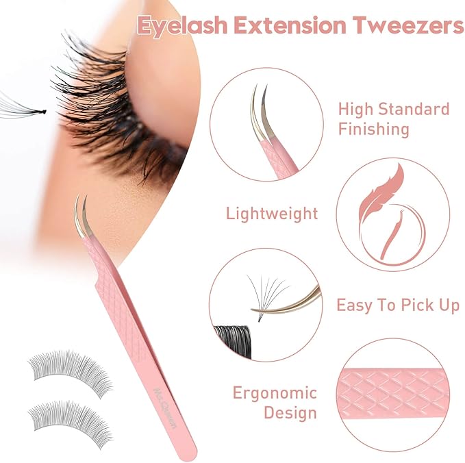 Ms.Queen Curved Tweezers for Eyelash Extensions,Diamond Grip Curved Volume Tweezers Fiber Tip Isolation Lash Tweezers