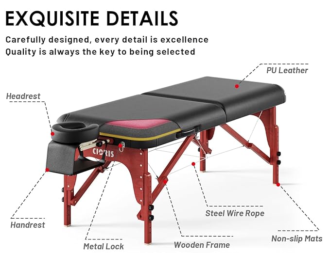 CLORIS 84" Luxury Massage Table Portable 2 Folding Lightweight Facial Salon Spa Tattoo Bed Height Adjustable with Carrying Bag & Wooden Leg Hold Up to 1500LBS