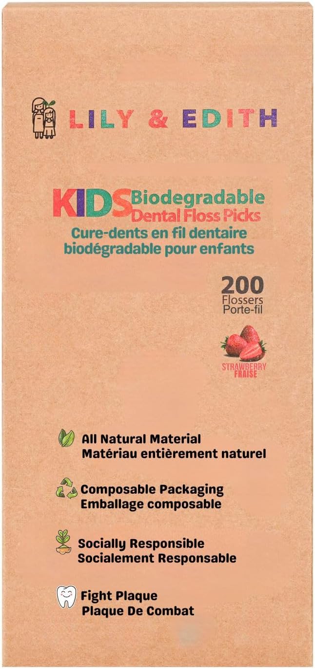 LILY & EDITH Kids Plant Based Dental Floss Picks 200 Counts, Fluoride Free, Corn Starch Material, Chemical Free, Fun Animal Flossing Sticks, Ultra Sturdy Thread, Zero Waste Package (Strawberry)