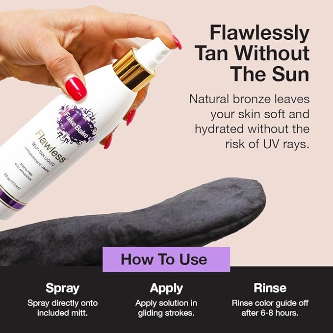 Fake Bake Flawless Self-Tanning Liquid Streak-Free, Long-Lasting Natural Glow For All Skin Tones - Sunless Tanner with Professional Mitt For Easy Application, Black Coconut Scent - 6 oz (Pack of 2)