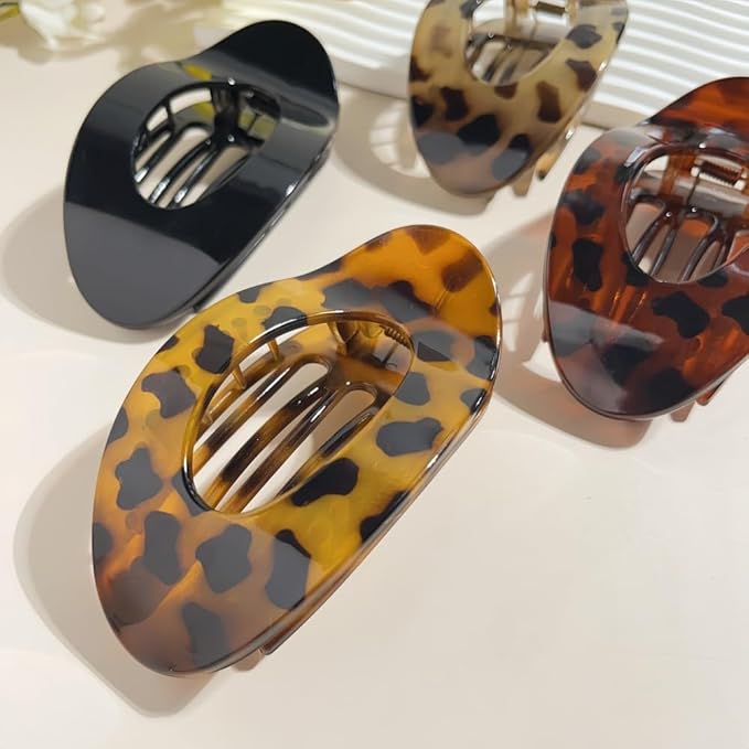 8PCS Flat Hair Clips for Women Girls,Large Strong Hold Ladies Hair Claw Clamp Barrettes for Lying Down Styling Accessories, Elegant 4.33" Big Matte Neutral Leopard Color(Oval)