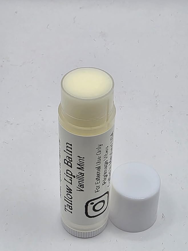 Tallow Lip Balm (3 Pack) (Vanilla Mint) Handmade Natural Grass Fed Beef Tallow Lip Balm with Nourishing Oils