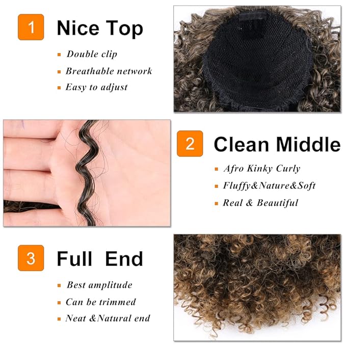 Drawstring Ponytail Afro Kinky Curly for Black Women Short Wave Synthetic Ponytail Hair Extension(T1B/27)