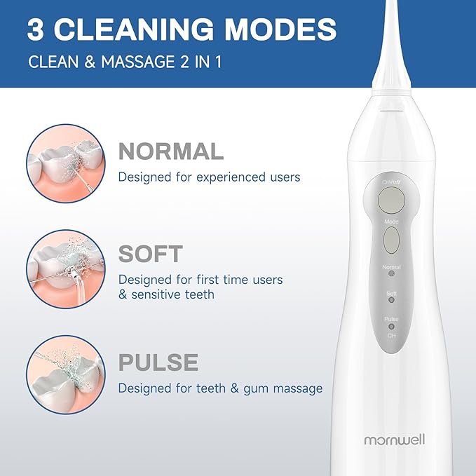 Mornwell Water Flosser Cordless, Water Flossers for Teeth - 300ML Tank and 4 Jet Tips, 3 Modes Portable Dental Oral Irrigator, Braces Care, Rechargeable Waterproof Portable Water Flosser
