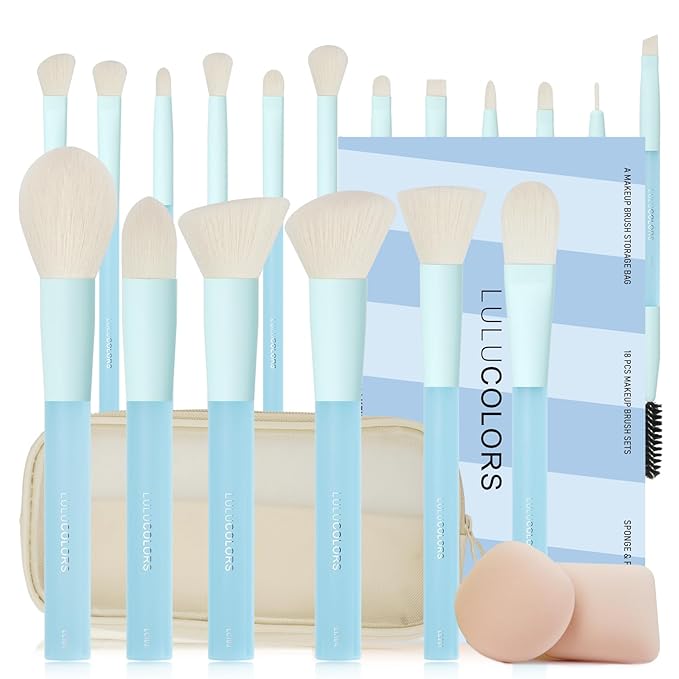 LULUCOLORS 18-Piece Light Blue Professional Makeup Brush Set – Translucent Rubberized Handles, Soft Synthetic Bristles for Face & Eye Makeup – Includes Travel Bag & Sponges,Complete Brush Collection