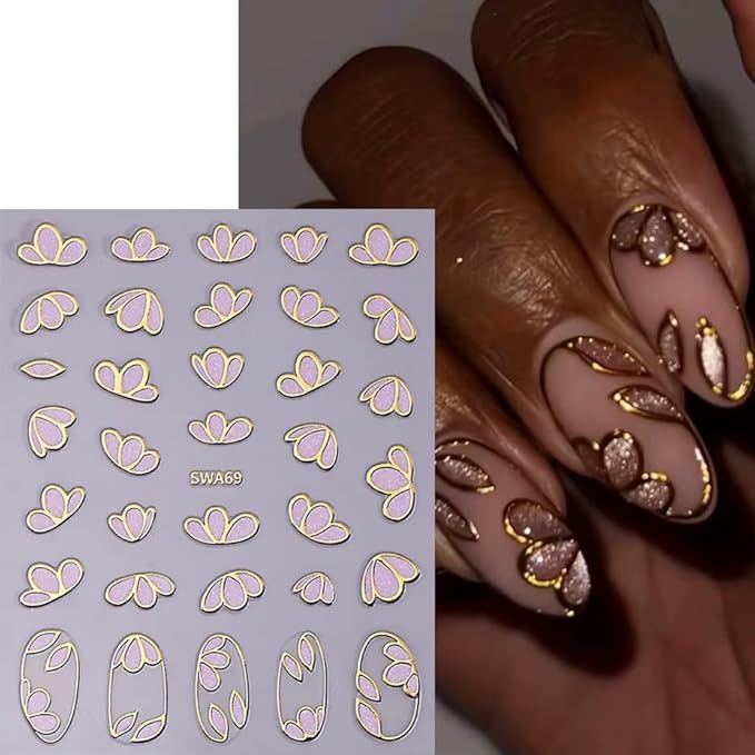 8 Sheets Flowers Nail Art Stickers Decals 3D Self Adhesive Nail Design Spring Summer Flower Nail Decals for Women DIY Manicure Tip Pink Gold Green Purple White Floral Nail Decoration