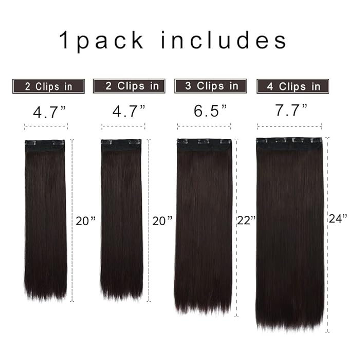 REECHO Multi-Length 20" 22" 24" Long Straight Synthetic 4 PCS Set Thick Clip in on Hair Extensions Dark Brown