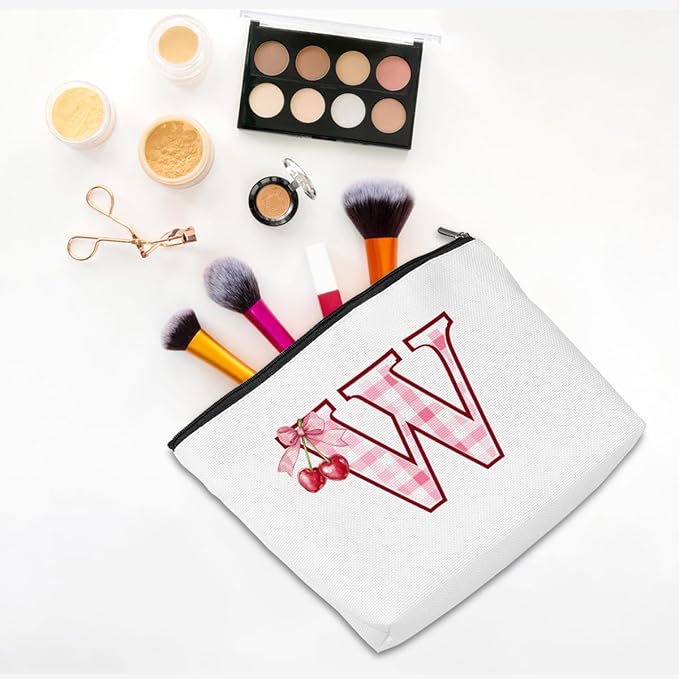 CQM Initial Makeup Bag Monogram Cosmetic Bag Monogrammed Gifts for Women Girls Friends Coworker Teacher Personalized Travel Toiletry Bag Christmas Bridal Shower Wedding Bridesmaid Gifts, Cherry W