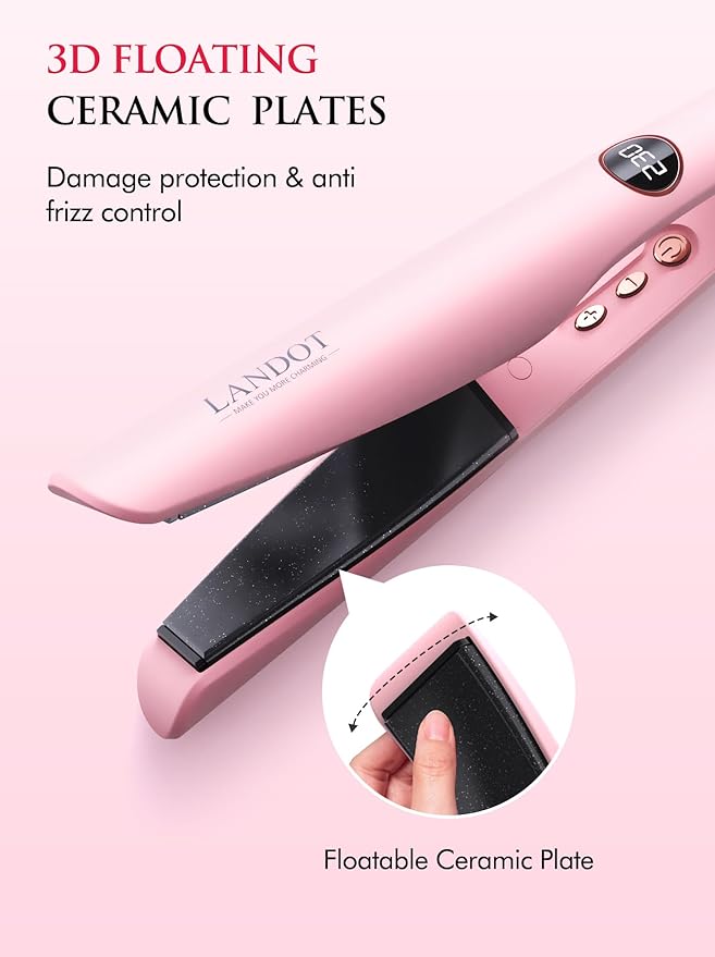 LANDOT 2-in-1 Hair Straightener and Curler - Twist Flat Curling Iron for Sleek Straight, Bouncy Curls, Beach Waves, Tourmaline Ceramic, Dual Voltage Adjust Temp 250-450°F All Hair Types, Color Pink