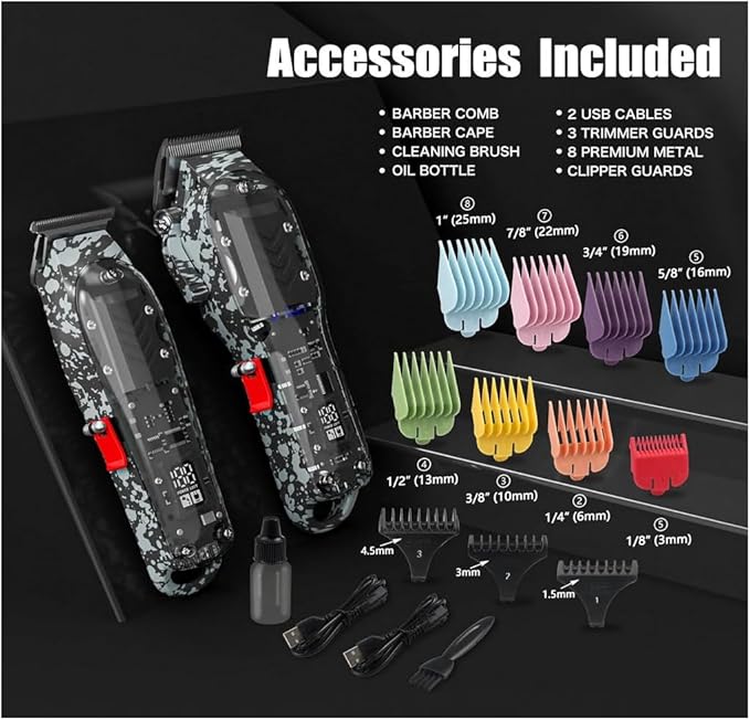 Professional Hair Clippers for Men, Cordless Barber kit for Hair Cutting & Grooming, Hair Clippers and Trimmer Set for Barber Haircut with LED Display, 8 Fade Taper Combs(Black Set)