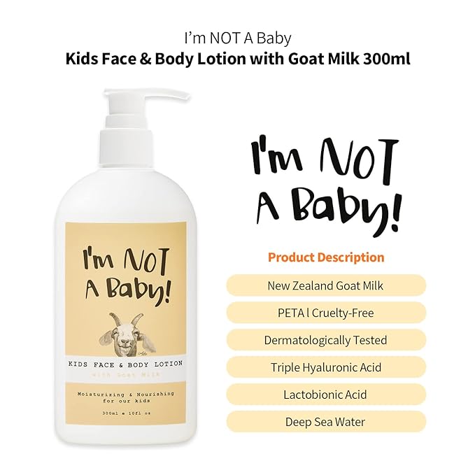 I’m NOT A Baby! Kids Face & Body Lotion, Dermatologist Tested, Allergen-free, PETA, Cruelty-free, Gentle for Kids, Goat Milk and Milk Sugar, 10fl oz