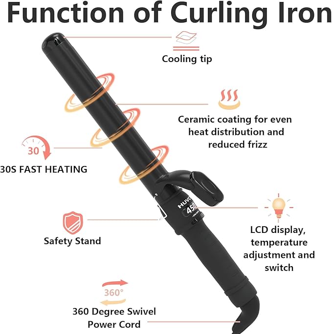 1-1/4 Inch Curling Iron - Ceramic Curling Iron, Fast Heat Function LCD Display 180°F-450°F Adjustable, Long Lasting Beach Waves, Dual Voltage Curler, Heat Resistant, Black
