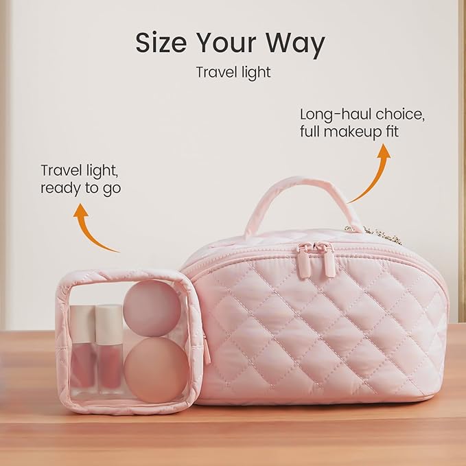IrisCargo Makeup Bag for Woman, Travel Makeup Bag, Wide Open Lay-Flat Water-Resistant Cosmetic Case, Puffy Padded Organizer for Toiletries & Brushes Large Capacity with Compartments (White)