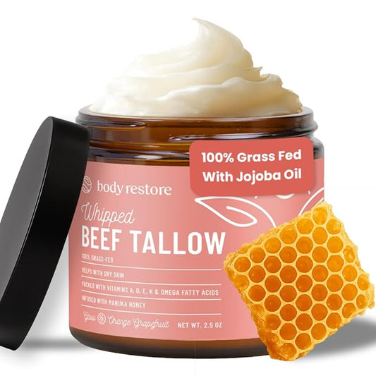 Body Restore Grass Fed Whipped Beef Tallow for Dry Skin, Face – Manuka Honey, Jojoba Oil, Valentines Day Gifts for Her and Him, Birthday Gifts for Women and Men, Travel Essentials – Citrus