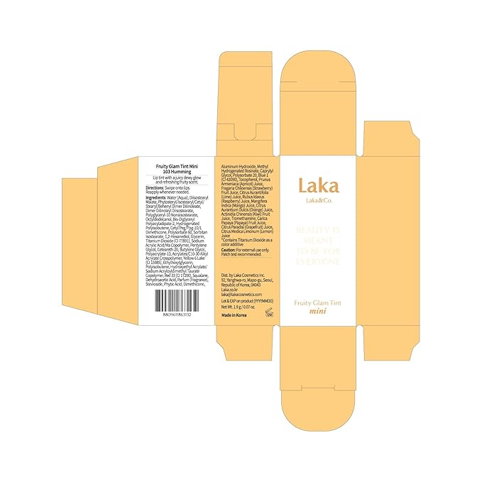 Laka Fruity Glam Lip Tint Mini, 1.9g/0.07oz, Glowing Lip Stain with Wide Color Spectrum, Hydrating & Lightweight Texture, Long-Lasting Bold Stain, Non-Sticky, Vegan, K-Beauty (#103 Humming)