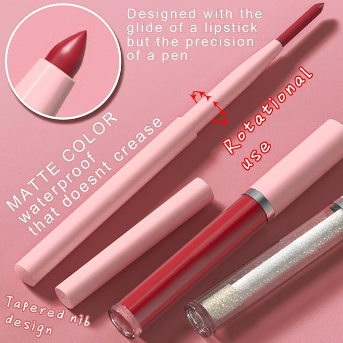 3-in-1Pink Nude Matte Lip Stain Kit | Waterproof Lip Liner + Hydrating Matte Lip Gloss + Nourishing Lip Oil | Long Lasting Plumping to Create Perfect Lip Makeup.06#