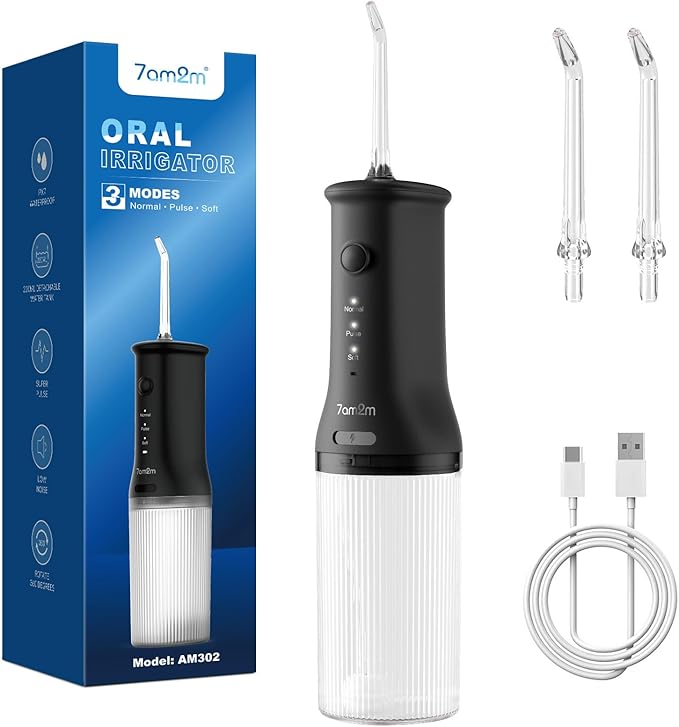 7AM2M Portable Cordless Water Flosser, Oral Irrigator with 3 Modes & 2 Tips, Fast Rechargeable, IPX7 Waterproof, Dental Water Flosser for Travel and Home Use (Black)