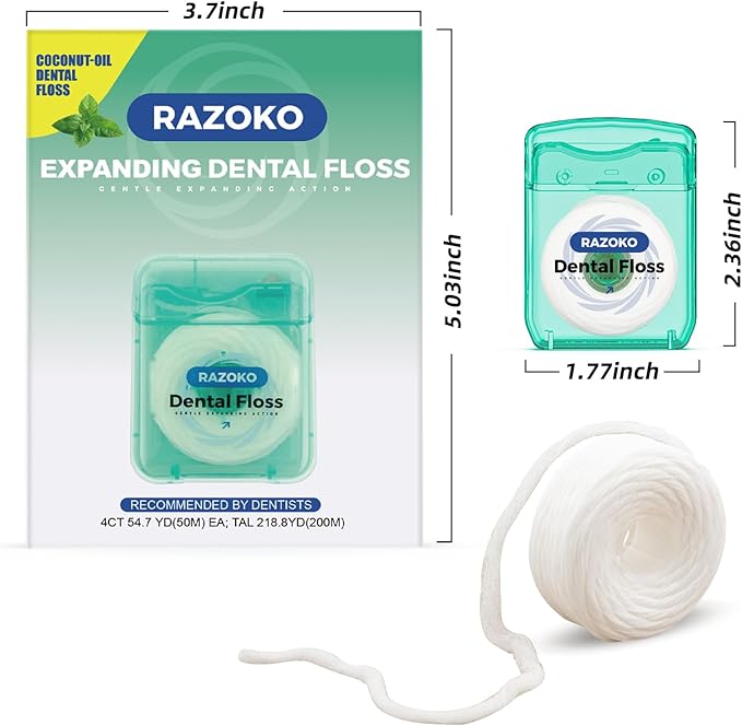 RAZOKO Expanding Dental Floss for Wide Spaces (55 Yards, 4 Pack), Shred-Resistant Thick Floss with Refreshing Light Mint Flavor, Fluoride-Free Deep Cleaning for Teeth & Gums, Total 220 Yards