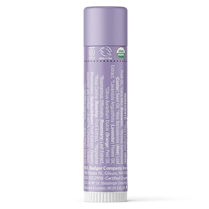 Badger Lavender Orange Classic Lip Balm, 100% Organic Balm, Long Lasting Lip Care w/Light Silky Texture, Uplifting Orange & Calming Lavender Lip Balm, 4 Pack