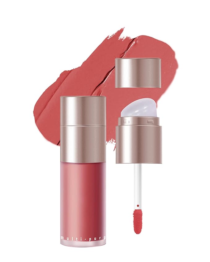 Velvet Cream Blush for Cheeks and Lips Tint, Peach Pink Matte Double-Ended Face Blusher with Silicone Brush,Blendable Waterproof Long-Lasting Liquid Blushes,Lightweight Facial Makeup Gift for Women-3#