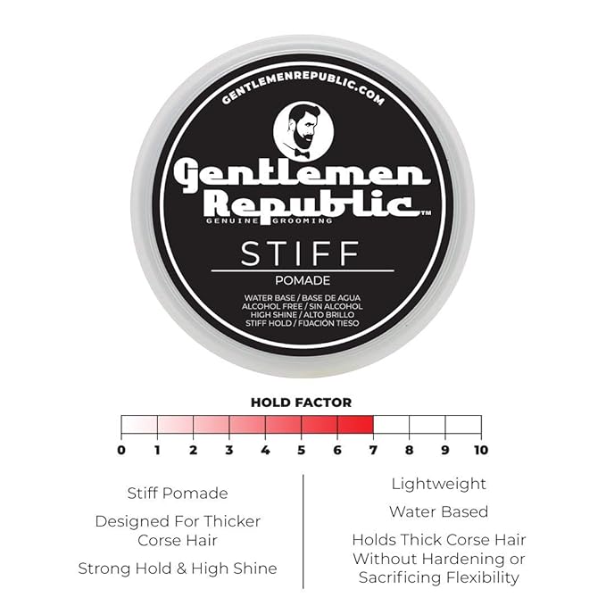 Gentlemen Republic 8oz Stiff Hair Pomade - Lightweight All-Day Hold with High Shine Finish, Alcohol-Free and Paraben-Free Formula, Suitable for Thick Hair