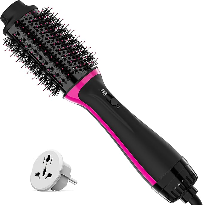 Plus 2.0 Dual Voltage Hair Dryer Brush with European Plug, Blow Dryer Brush for European Travel 125V - 240V One Step Hair Dryer and Styler Volumizer with Negative Ion Anti-frizz Styling Brush