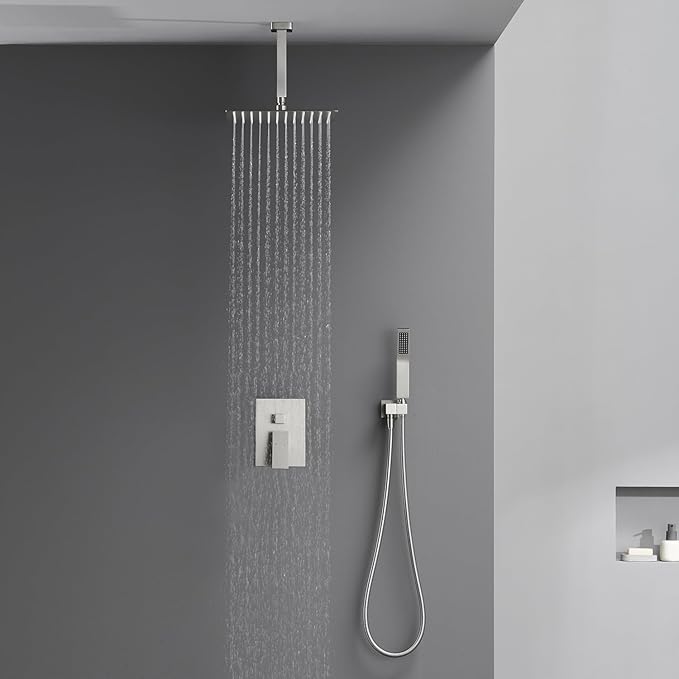 Artiqua Shower System 12 Inches Rain Shower Combo Set Brushed Nickel Ceiling Mount Shower Faucet Bathroom Faucets with Rainfall Shower Head and Hand Shower