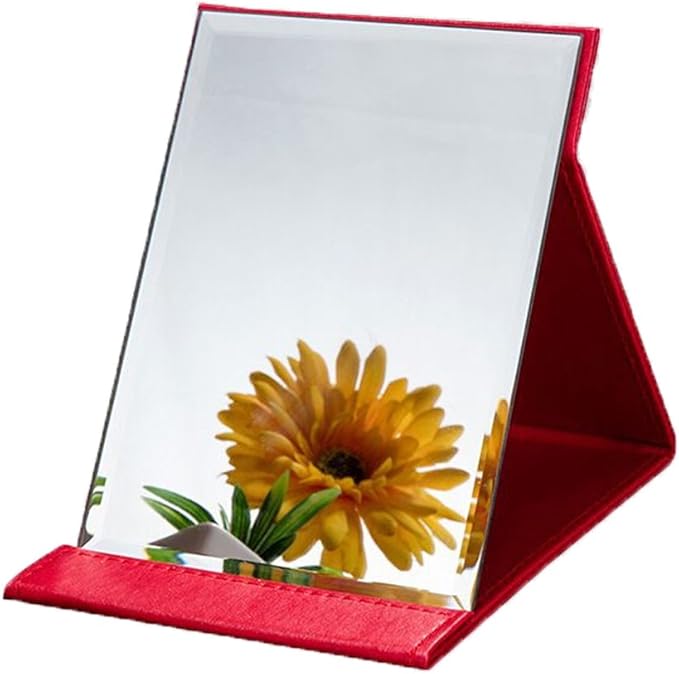 Protable PU Leather Mirror Folding Desktop Makeup Mirror with Adjustable Stand for Personal Use,Travelling (S, Red)