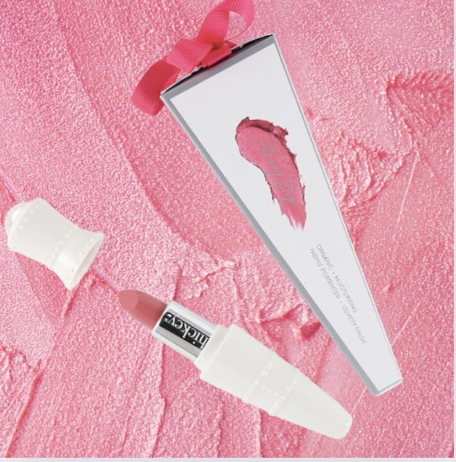 Hickey Lipstick Set - Skinny Dip (Light Pink), Refillable Silver Case with Chain, Satin Pouch & Ribbon (Wearable Necklace), Long Lasting Hydrating Velvet Finish Lipstick for Women, Vegan & Gluten-Free