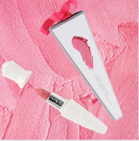 Hickey Lipstick Set - Skinny Dip (Light Pink), Refillable Silver Case with Chain, Satin Pouch & Ribbon (Wearable Necklace), Long Lasting Hydrating Velvet Finish Lipstick for Women, Vegan & Gluten-Free