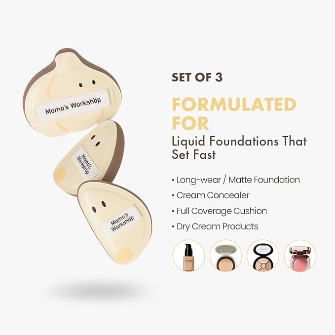 Momo's Workshop 3-Pack Garlic Shape Makeup Puffs, High-Density Rubycell for Oil Control & Full Coverage, Firm PU Leather Backing for Flawless Cream Skin Finish, for Liquid & Cream Makeup