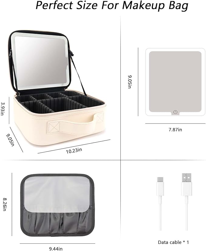 SLUMAZI Travel Makeup Bag with LED Mirror Travel Makeup Organizer with 3 Lighted Settings, Adjustable Dividers and Makeup Brush Storage Bag White