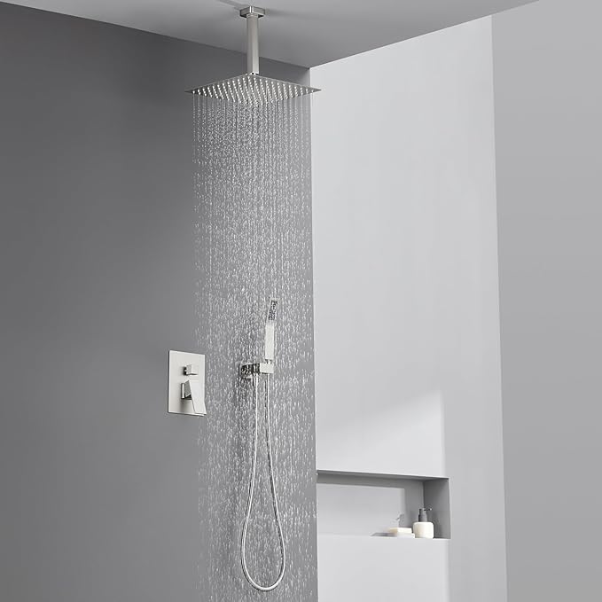 Artiqua Shower System 12 Inches Rain Shower Combo Set Brushed Nickel Ceiling Mount Shower Faucet Bathroom Faucets with Rainfall Shower Head and Hand Shower