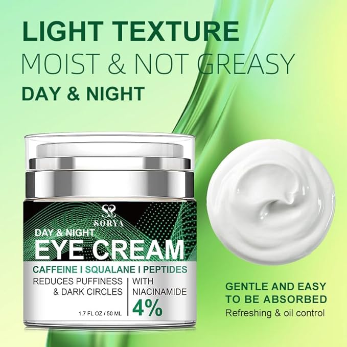 SORYA Caffeine Eye Cream for Dark Circles & Puffiness – Day & Night Under Eye Cream with Niacinamide & Peptides Anti-Aging (1.7 oz)