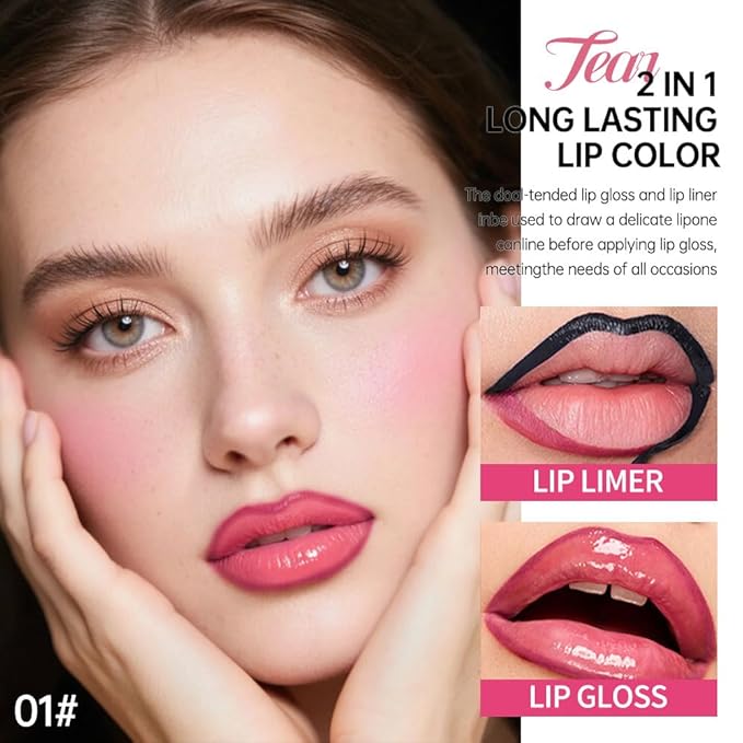 Peel Off Lip Liner & Gloss – Long-Lasting Smudge-Proof Rose Petal Pink Lip Tint & Lip Stain Liner with Hydrating High Shine Gloss for Defined, Fuller Rosy Lips – Waterproof Soft Glam Lip Makeup
