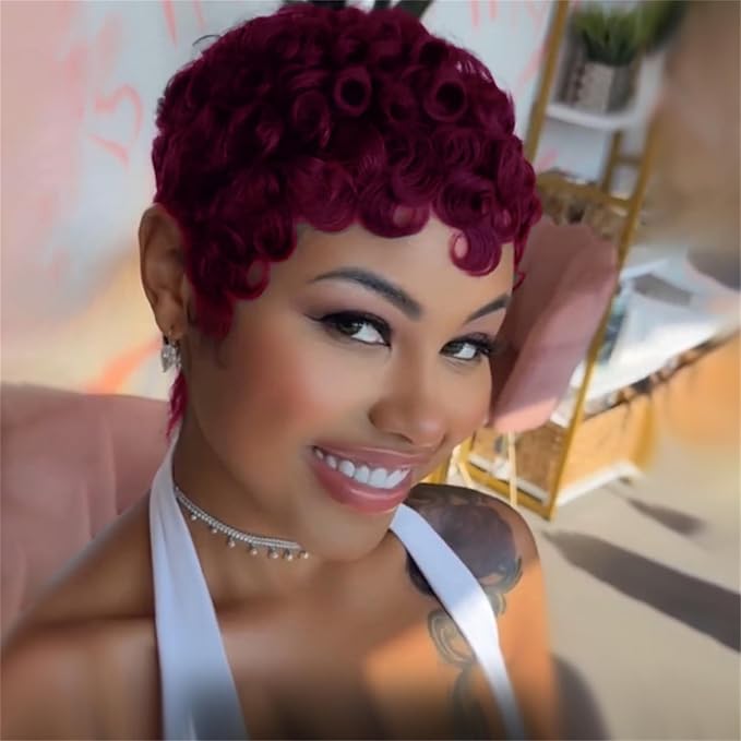 Short Curly Pixie Wig for black women human hair Burgundy Wine Red Color Short Layered Curly Wigs Glueless 99J No lace front Human Hair Pixie Cut Wig