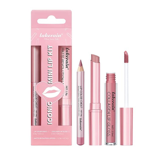 3PCS Lip Liner and Lipstick Combo Set - Matte Lip Liner Pencil, Velvet Matte Lipstick & Hydrating Collagen Lip Gloss - Long-Lasting, Smudge-Proof, High Pigment Nude Pink Lip Makeup Kit (Nude Pink)