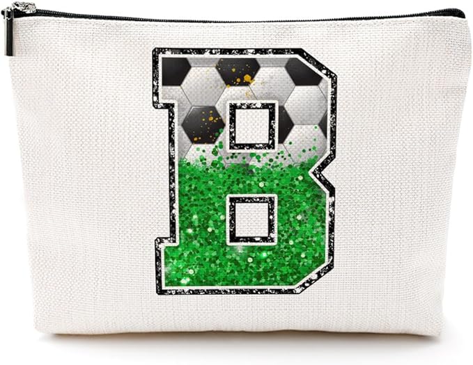 CQM Soccer Gifts Initial Makeup Bag Monogrammed Cosmetic Bag Letter B Zipper Pouch Soccer Accessories for Girls Women Player Coaches Friend Stuff Graduation Birthday Gifts