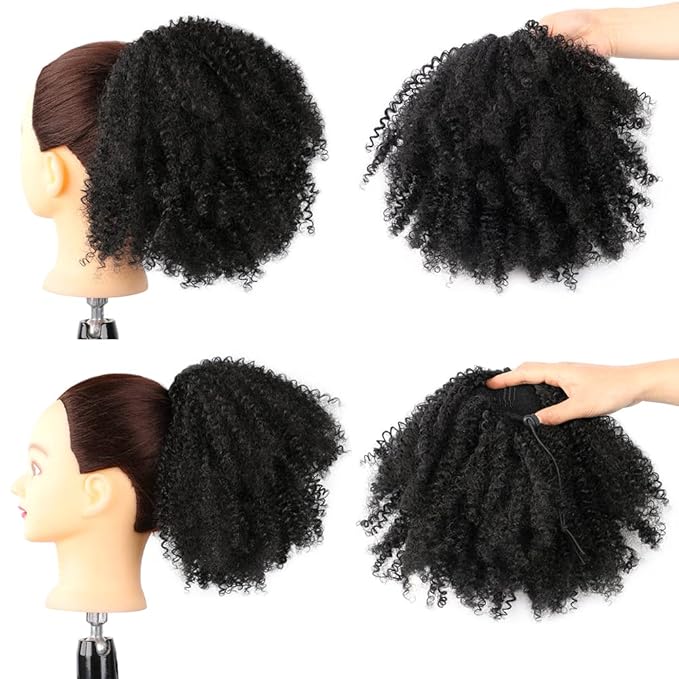 Drawstring Ponytail Afro Kinky Curly Ponytail for Black Women Short Wave Synthetic Ponytail Hair Extension (Black Brown #2)