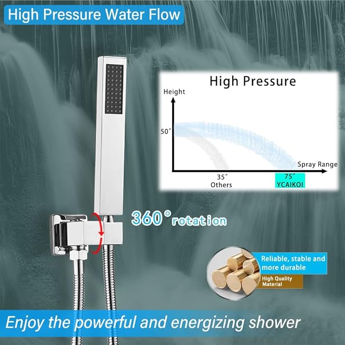 YCAIKOI Shower Faucet Set Complete, Wall Mount Shower System for Bathroom 12 Inch High-Pressure Rainfall Shower with Handheld, Rough-in Valve Body and Trim Kit, Polished Chrome