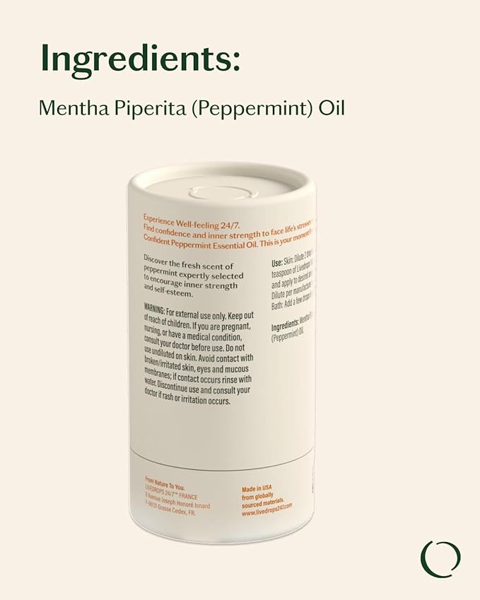 LIVEDROPS 24/7 Confident Peppermint Essential Oil, Natural Vegan Aromatherapy for Diffuser or Diluted Skin Use, Cooling Mint Scent, Steam Distilled Made in USA, Clinically Tested, 10ml