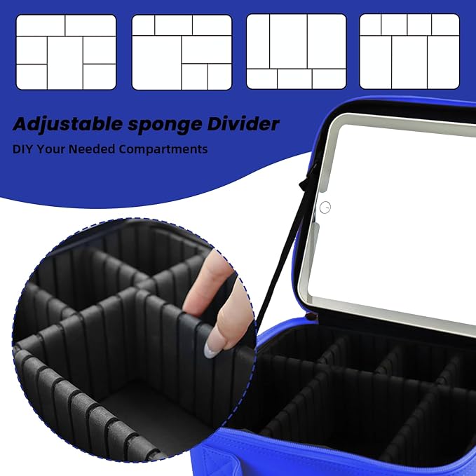 SUILU Travel Makeup Bag with LED Mirror and Light Makeup Travel Bag Organizer Portable Cosmetic Brush Organizer Bag with Adjustable Dividers for Cosmetics Makeup Brushes Toiletry (Dark Blue)